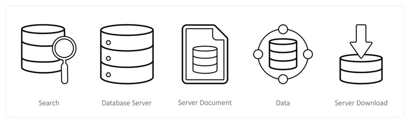 A set of 5 mix icons as search, database server, server document
