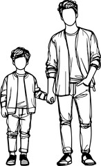 Black Line Art Happy Father and Son with Family Hand Drawn Illustration