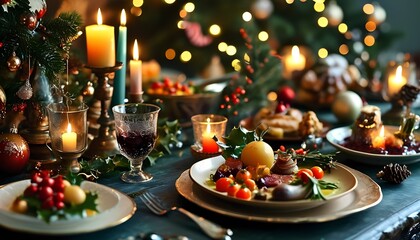 A festive culinary celebration delight in a beautifully arranged christmas dinner table surrounded by twinkling lights and holiday cheer