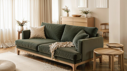 Cozy Living Room with Green Sofa and Minimalist Decor