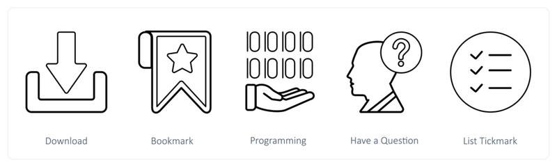 A set of 5 mix icons as download, bookmark, programming