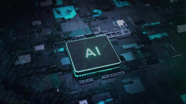 Futuristic close-up of a glowing AI chip embedded in a circuit board, symbolizing advanced artificial intelligence and cutting-edge technology in computing and machine learning.