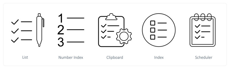 A set of 5 mix icons as list, number index, clipboard