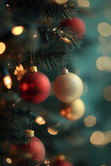 Various colorful ornaments hanging from a Christmas tree