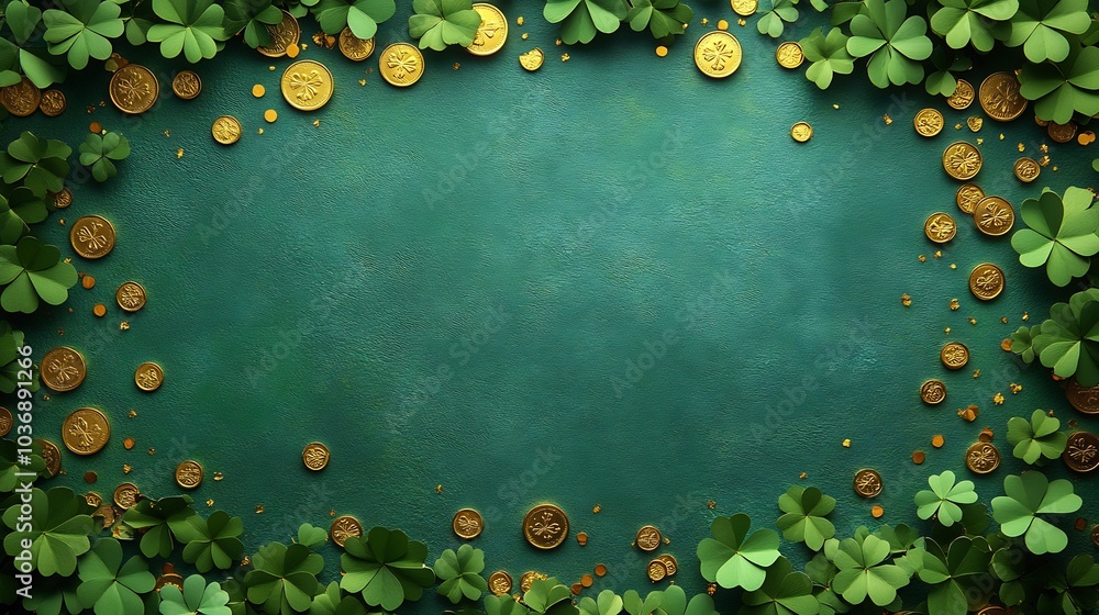 Poster joyful st patrick's day backdrop displaying flat lay of paper art fourleaf clover confetti combined 
