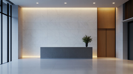 Modern reception area with minimalistic design, featuring a sleek counter, stylish lighting, and a decorative plant against a neutral wall.