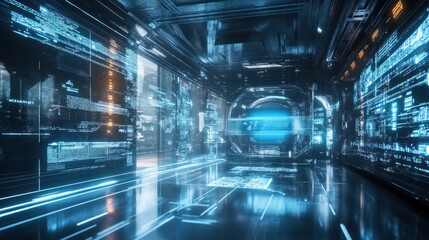Fototapeta premium Futuristic Data Center with Glowing Screens and Digital Graphics in Sci-Fi Style
