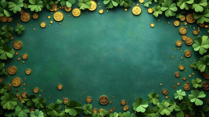 Naklejka premium Joyful St Patrick's Day backdrop displaying flat lay of paper art fourleaf clover confetti combined with shimmering gold coins on a bright green surface leaving room for text