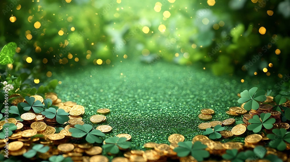 Poster joyful st patrick's day backdrop displaying flat lay of paper art fourleaf clover confetti combined 