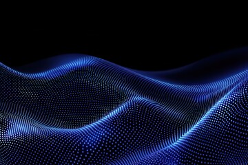 Abstract digital background with glowing blue and pink dots forming wave patterns on a dark black surface, representing data flow or sound waves in motion.
