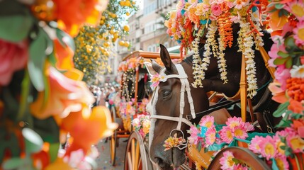 Naklejka premium A horse-drawn carriage adorned with flowers at a festive carnival parade, City setting with colorful floats and joyful crowds, Photo of