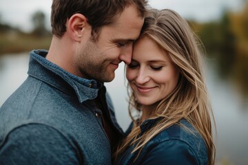 Obraz premium A joyful couple embraces serenely by the tranquil waters on a cloudy autumn afternoon