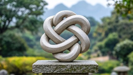 Stone sculpture of an endless knot outdoors.