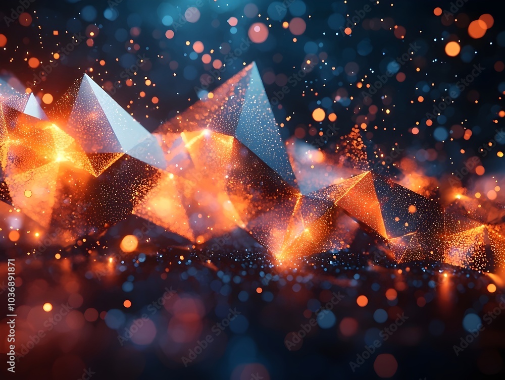 Poster a captivating abstract composition featuring luminous pyramids with sparkling orange and blue partic