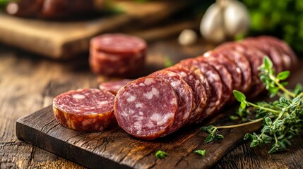 Thin slices of salami displayed on a wooden board, garnished with fresh herbs, creating a rustic culinary presentation