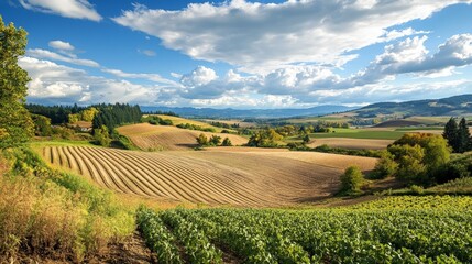 Fototapeta premium A landscape transformed through regenerative agriculture, featuring crop fields with improved carbon sequestration