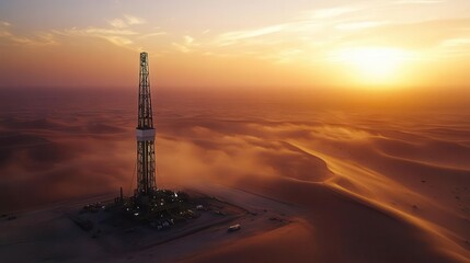 A majestic oil derrick standing tall in the heart of an expansive desert