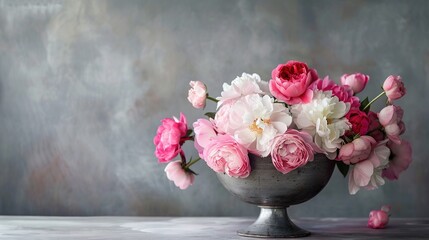 Fototapeta premium Elegant bouquet of white and pink flowers in vase, minimalistic floral arrangement