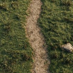 Top down high angle view long dirt path on dirt plain grass