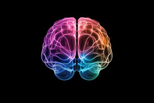 anatomical brain emitting waves of colored lines, front view