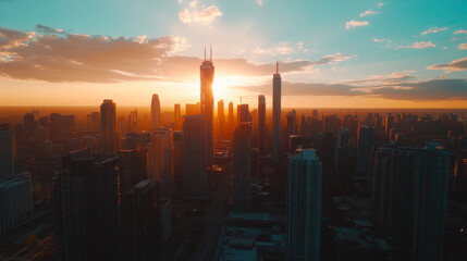 Fototapeta premium Cinematic shot of big metropolitan city, evening sunset, POV staying on the building roof