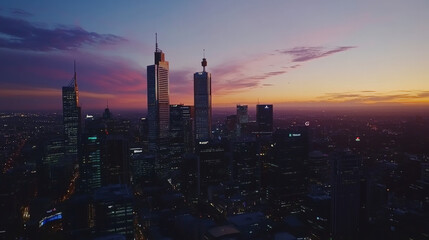 Fototapeta premium Cinematic shot of big metropolitan city, evening sunset, POV staying on the building roof