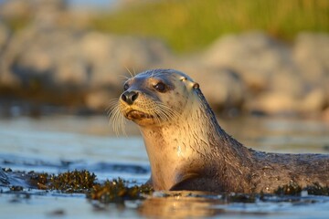 Fototapeta premium A curious otter swimming near coastal rocks on a sunny day in a serene environment