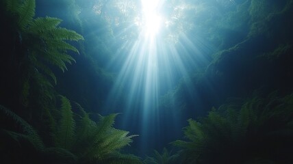 Fototapeta premium Sunlight filtering through lush ferns in a forest.