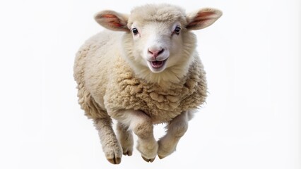 Fototapeta premium Adorable sheep in mid-air, jumping with joy, isolated on background, showcasing fluffy white fur, cute facial expression, and energetic playfulness.