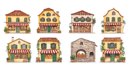 Fototapeta premium A set of charming, hand-drawn illustrations of rustic European-style each with unique architectural details