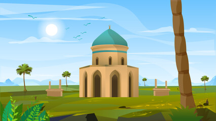Tomb of the tomb of a Muslim saint In a valley of green and palm trees ,vector 