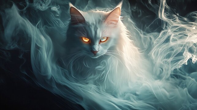A majestic long-haired white cat with glowing eyes, floating amidst magical white smoke effects.