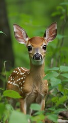 Fototapeta premium A curious fawn explores the lush undergrowth in a serene woodland setting at dawn