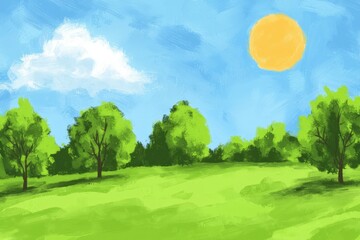 Obraz premium A vibrant landscape depicting a sunny day with lush green trees and a clear blue sky