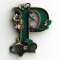 Elegant 3D Letter P with Gold and Emerald Accents