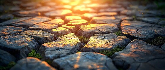 Close-up view of cracked earth at sunset, showcasing the intricate textures with golden light...