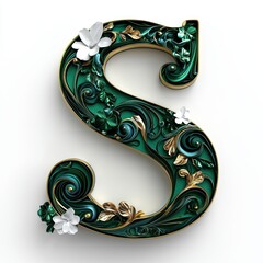 Elegant 3D Letter S with Gold and Emerald Accents