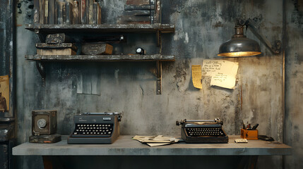 A small shelf on the left, supported by metal brackets, holds a collection of vintage books alongside unique tech gadgets