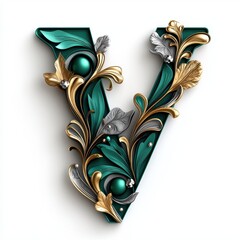 Elegant 3D Letter V with Gold and Emerald Accents