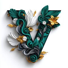 Elegant 3D Letter V with Floral Design in Gold and Green