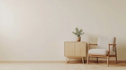 A minimalist living room interior with a light wooden cabinet, a neutral-toned armchair, and a small potted plant on top of the cabinet, creating a serene, balanced design.