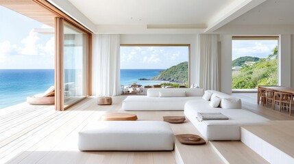 Naklejka premium A minimalist living space with a white sofa, natural wood floors, and soft grey accents, framed by large windows that provide a sweeping view of the ocean.