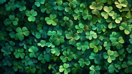 Lush green background filled intricate illustrations of fourleaf clovers scattered harmoniously capturing the essence of St Patrick's Day celebration and luck