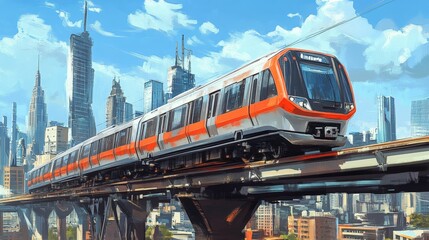 Naklejka premium A modern commuter train traveling along an elevated track, with the urban skyline of a bustling city as the backdrop.