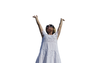 happy, confident woman rejoices by raising her hands up to the flying plane. positive, motivationб isolated on transparent background, png