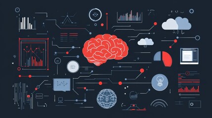A modern depiction of AI-driven business solutions, with a brain representing artificial intelligence surrounded by deep learning data streams, cloud computing icons, and computer-generated visuals.