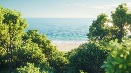 A view directly above some low trees and shrubs surrounding a beach and ocean bay