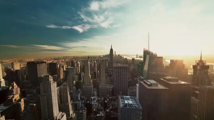 Urban skyline photo, Wide-angle shot at dusk or dawn, capturing a modern cityscape with tall, sleek buildings. 