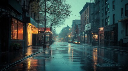 Naklejka premium A moody shot of a rainy New York street in the early morning, with wet sidewalks, closed storefronts, and soft, diffused light coming through the clouds.