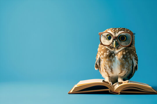 Photo of an owl wearing glasses, reading a book, against a solid color background, with copy space. The image uses blue colors, Generative AI
